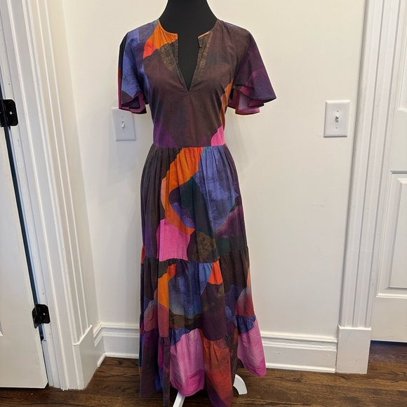 Oliphant Design Maxi V-Neck Dress Watercolor Print Pockets Cotton Tuckernuck - Picture 5 of 9